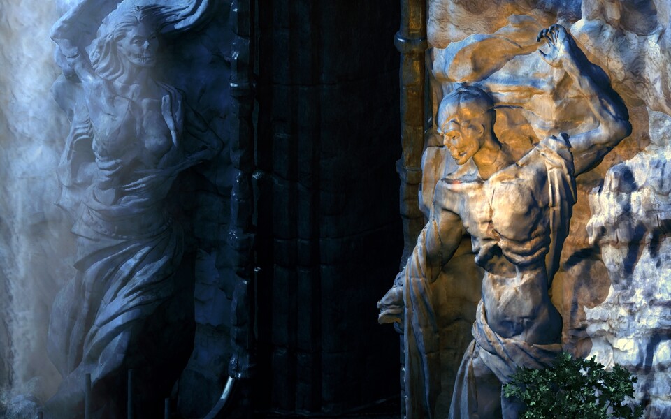 Um eine der beiden Statuen schwebt eine Lichtkugel – man beachte den detaillierten Schattenwurf.