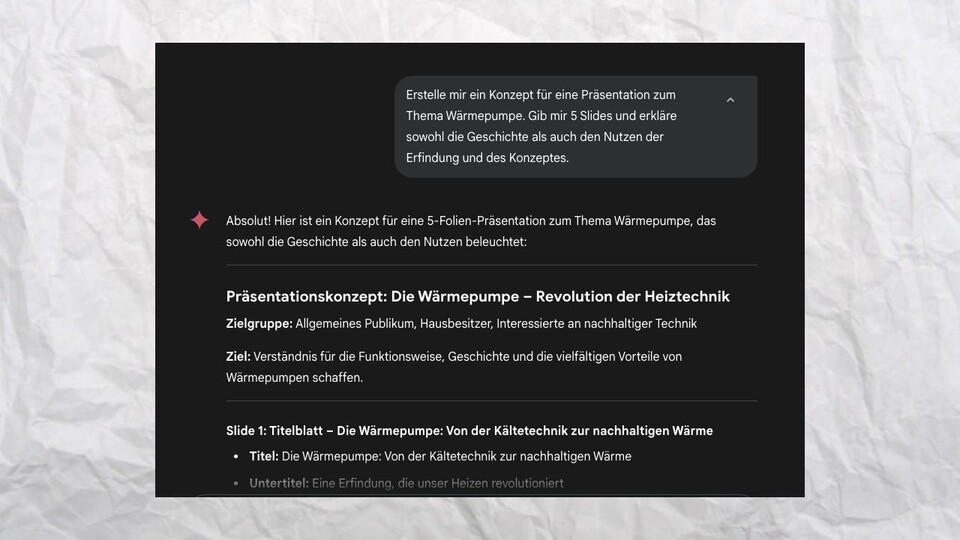 Hier habe ich denselben Prompt, den ich zuvor bei Google Slides probiert hatte, genutzt und habe ein solides Konzept für eine Präsentation erhalten.