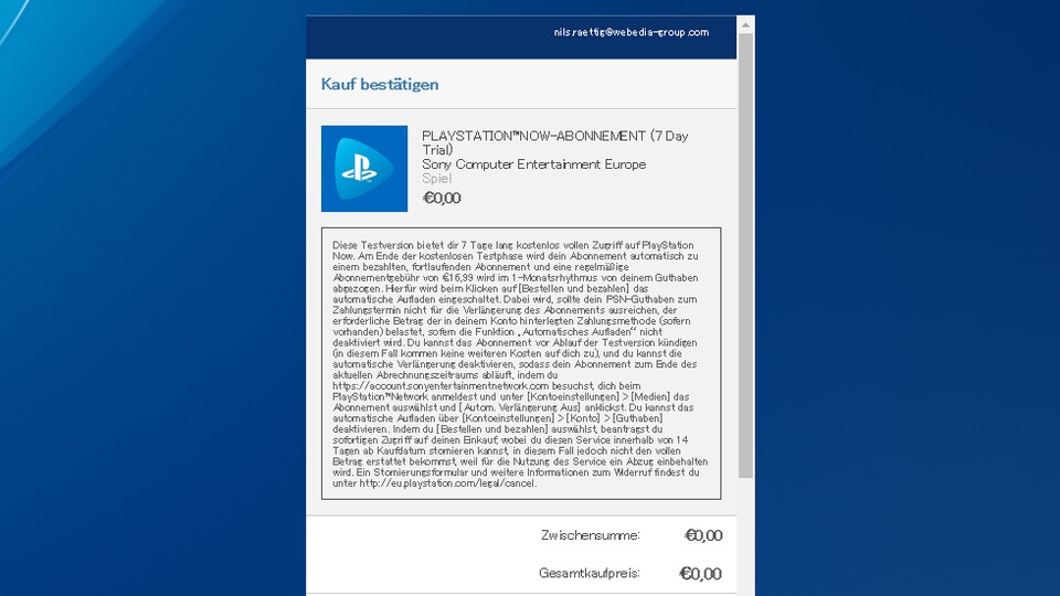 Beim Aktivieren der einwöchigen kostenlosen Testphase von PlayStation Now verrät dieses Kleingedruckte, dass daraus automatisch ein kostenpflichtiges Abo wird - und wie sich das ändern lässt.