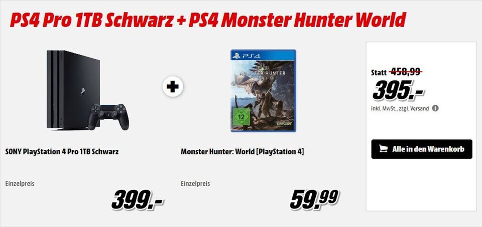 Die PS4 Pro kostet im Monster Hunter Bundle nur 395€, exklusiv bei MediaMarkt.