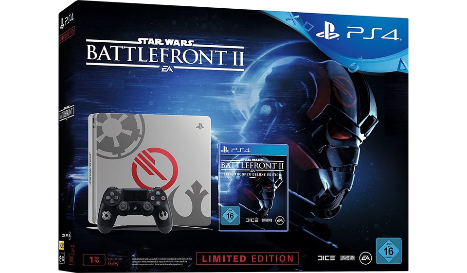 Die PS4 Slim 1TB im Limited Star Wars Battlefront 2-Design gibt es bei Amazon, MediaMarkt steuert die PS4 Pro bei.