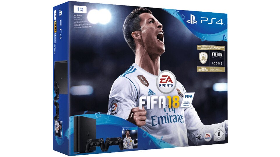 PS4 Slim 1TB + FIFA 18 + zwei Controller + 14 Tage PS Plus