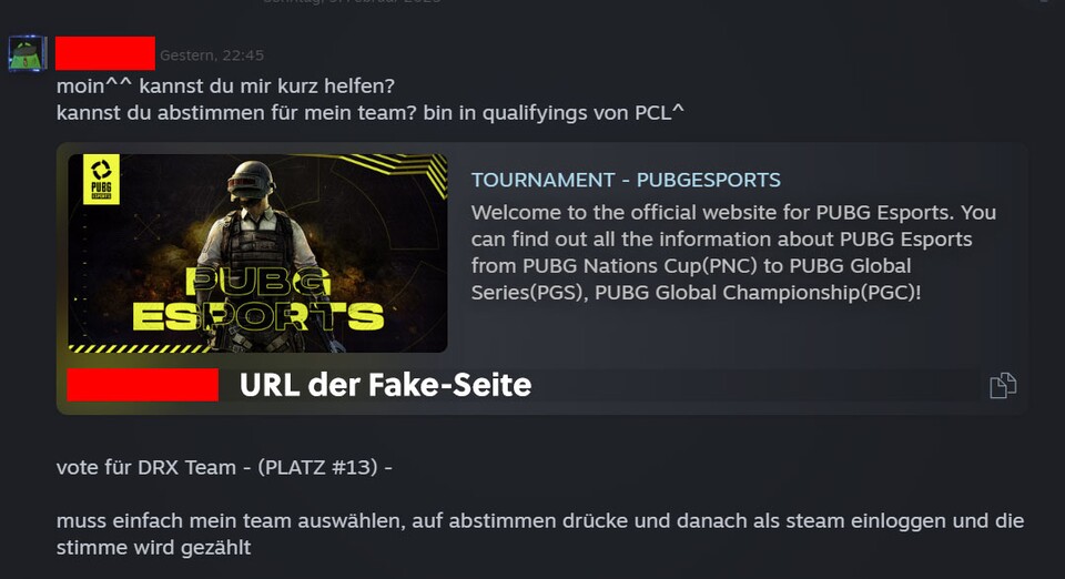 Dort steht: »moin^^ kannst du mir kurz helfen?
kannst du abstimmen für mein team? bin in qualifyings von PCL^
vote für DRX Team - (PLATZ #13) -
muss einfach mein team auswählen, auf abstimmen drücke und danach als steam einloggen und die stimme wird gezählt«