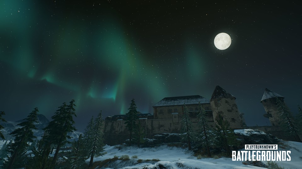 Über den schneeverwehten Landschaften von Vikendi funkeln bei Nacht jetzt ein strahlend heller Mond und bunte Polarlichter.