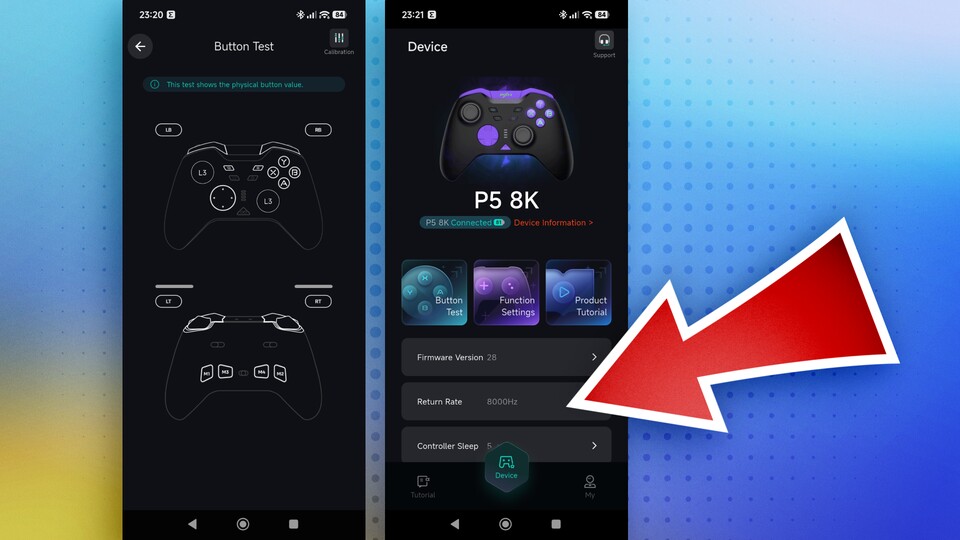 Der Controller kann nur am Handy konfiguriert werden, da eine PC-App nicht existiert. Hier lässt sich die Polling-Rate auf 8.000 Hz erhöhen.