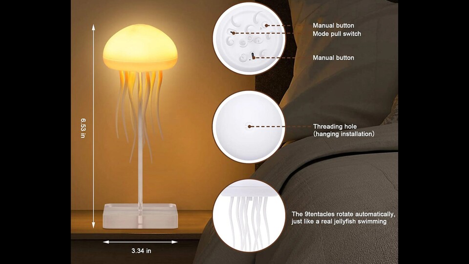Hier seht ihr die Maße der Lampe und wie ihr sie aufhängen oder hinstellen könnt.