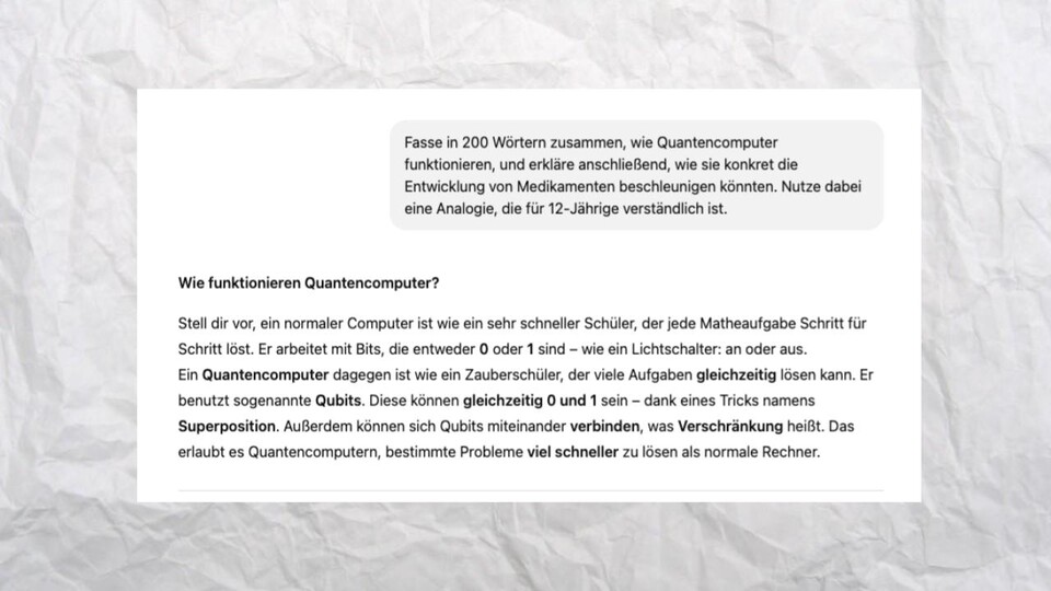 GPT-4 liefert hier ein überzeugendes Erstergebnis, das auch wichtige Termini hervorhebt und einfettet. Tatsächlich strukturiert es die Ergebnisse auch sehr gut.