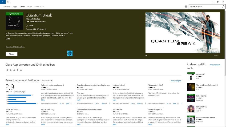 Quantum Break ist 2016 zunächst exklusiv im Microsoft Store erschienen und hat dort eher durchwachsene Bewertungen erhalten, auch aufgrund von technischen Problemen.