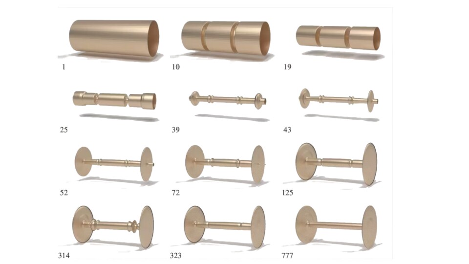 Die Abbildungen zeigt ausgewählte Schritte der simulierten Lernentwicklung hin zu uns geläufigen Rädern mit Achse. (Bildquelle: Kai James)