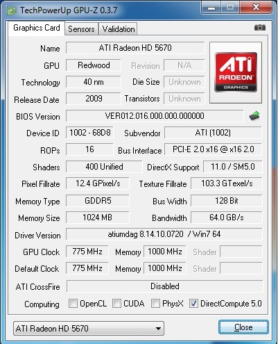 Der GPU-Z-Screenshot der Radeon HD 5670.