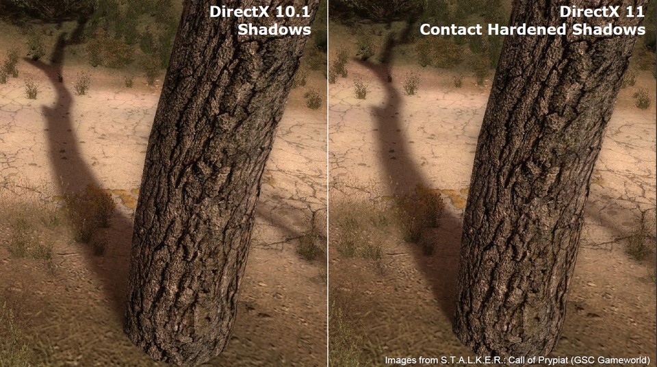 DirectX 11 berücksichtig den realen Schattenfall. Je näher ein Schatten am Objekt liegt, desto härter die Kante. Erst nach und nach franst der Schatten aus.