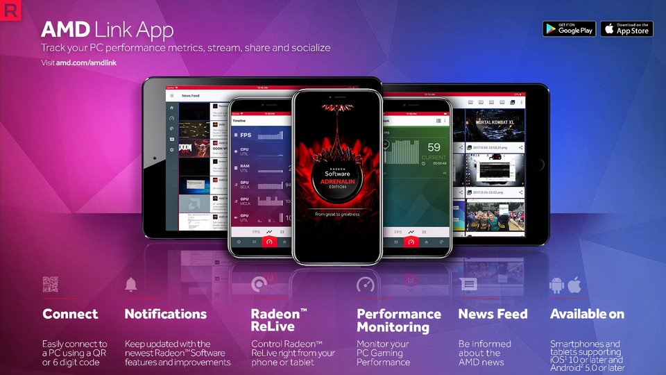 Die AMD-Link-App kann den Treiber mit einem Smartphone oder Tablet verbinden und so Leistungsdaten anzeigen.