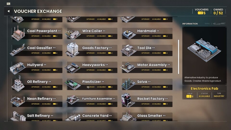 Offenbar können wir über 50 verschiedene Gebäude freischalten, wenn auch viele davon nur Upgrades für vorhandene sind.