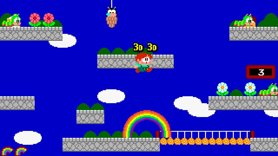 In Rainbow Islands muss niemand allein sein: Im Zwei-Spieler-Modus können wir zusammen mit einem Freund durch die kunterbunte Welt hüpfen.