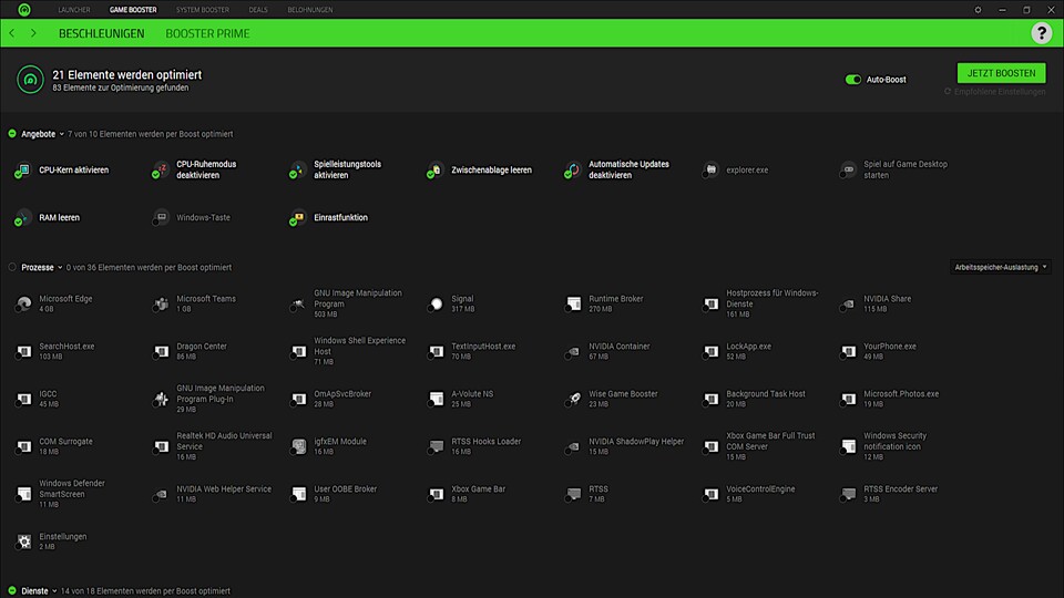 Die Razer-Cortex-Software sieht hübsch aus und bietet nützliche Zusatzfeatures. Etwas störend ist die ab und zu am unteren Fensterrand eingeblendete Werbung, die sich aber wegklicken lässt.