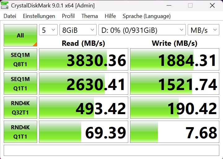 Beim sequenziellen Schreiben lässt das Razer Dock Federn, die gleiche SSD ist in einem USB4-Gehäuse auch nicht viel langsamer.