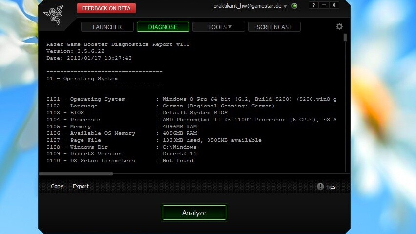 Auf Wunsch erstellt der Razer GameBooster eine Liste mit zahlreichen Informationen über die Hard- und Software des Rechners.