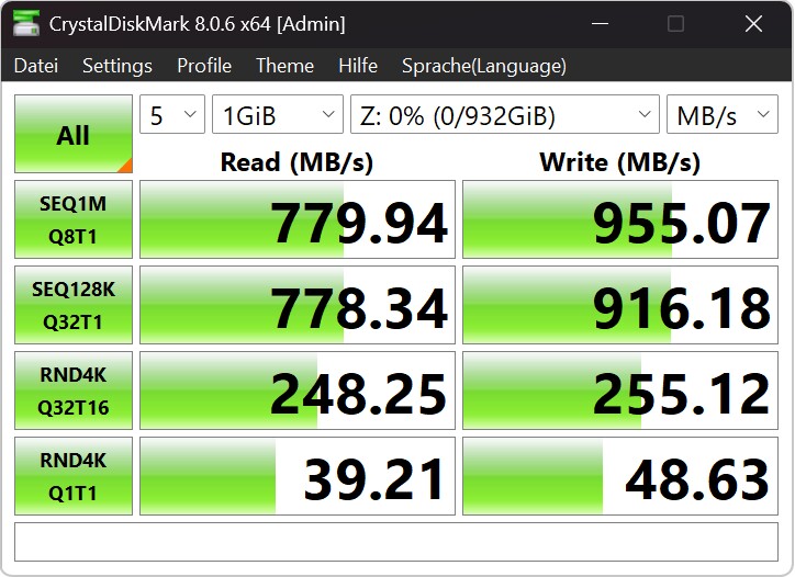 Die für den Test genutzte Corsair MP600 Pro SSD bleibt am Razer Dock deutlich hinter ihren Möglichkeiten.
