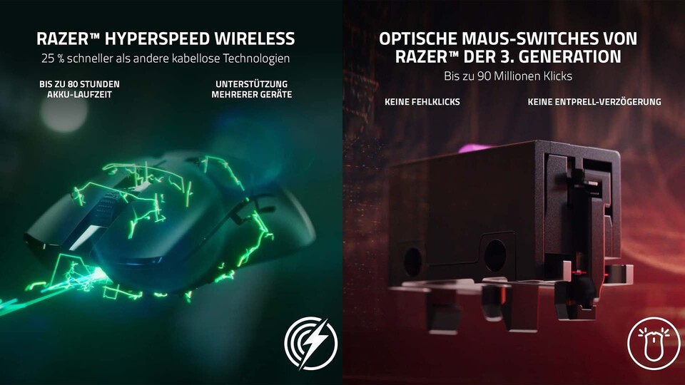 Dem Gerücht, kabellose Mäuse seien langsamer und zu schwer, begegnet Razer mit 59g und Hyperspeed Wireless.