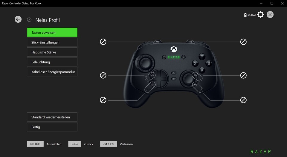 In der Razer Controller App können wir Profile anlegen und diverse Einstellungen vornehmen. Zum Beispiel die Vibrationsstärke, die Beleuchtung usw.