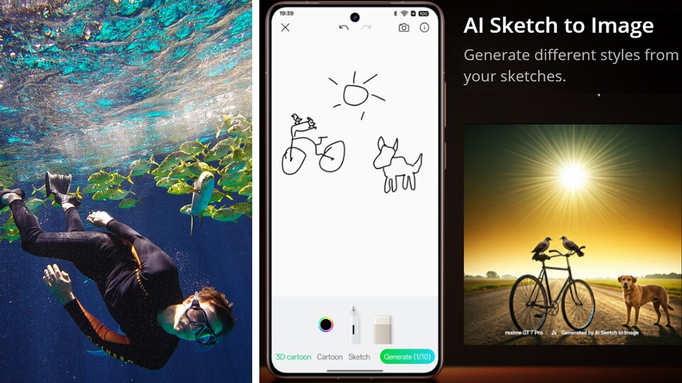 Bilder mit dem Handy unter Wasser machen - und Zeichnungen in echte Gemälde verwandeln: Das GT7 Pro punktet nicht nur bei den Leistungsdaten.