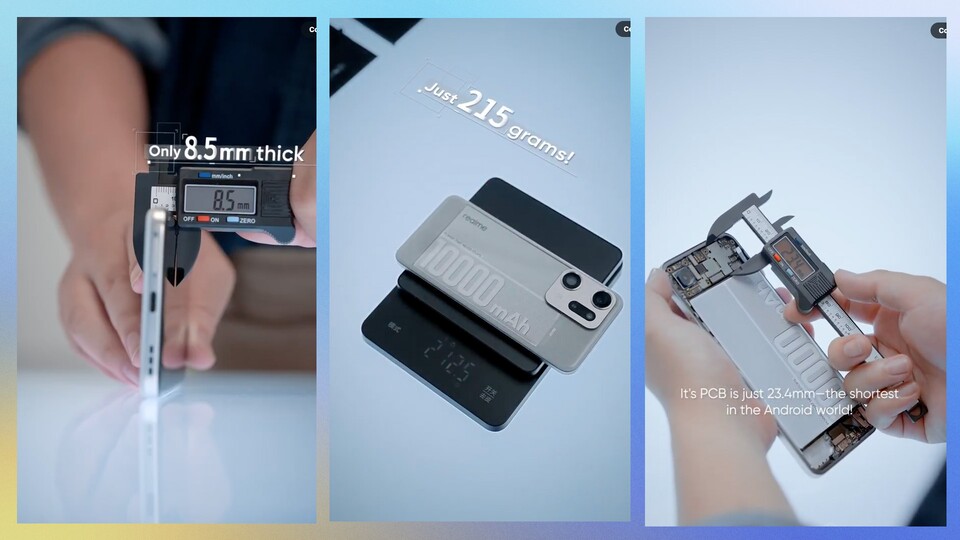 Screenshots aus dem Präsentationsvideo. Rechts seht ihr das winzige Mainboard des Handys. (Bildquelle: Realme)