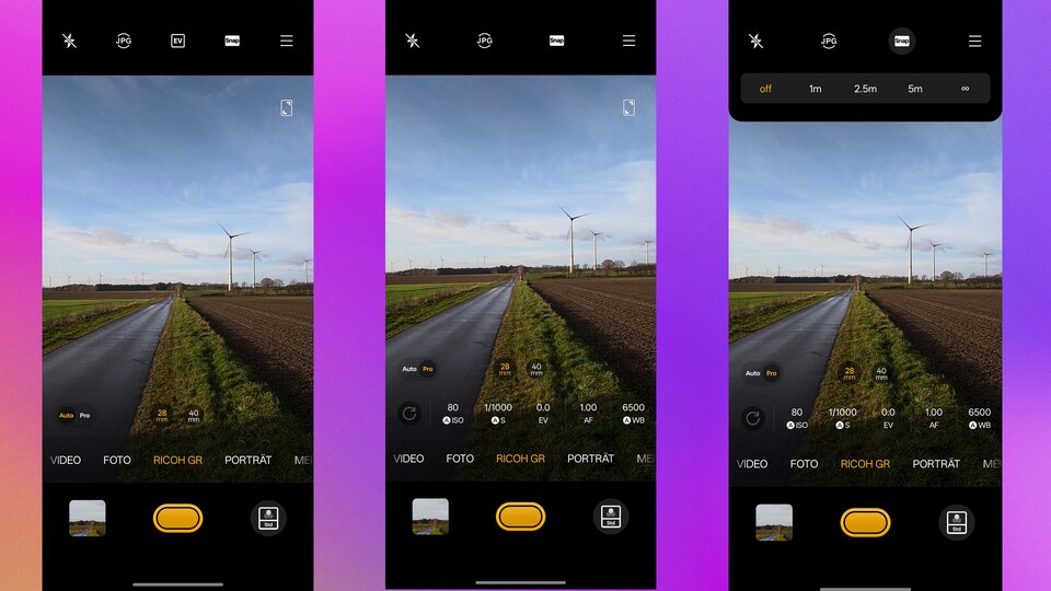Im Ricoh-Modus könnt ihr mit klassischen 28- und 40-Millimetern fotografieren. Daneben gibt es die Möglichkeit, die Fokusgrenze festzulegen oder auch sämtliche Parameter manuell einzustellen. (Bildquelle: GameStar Tech)