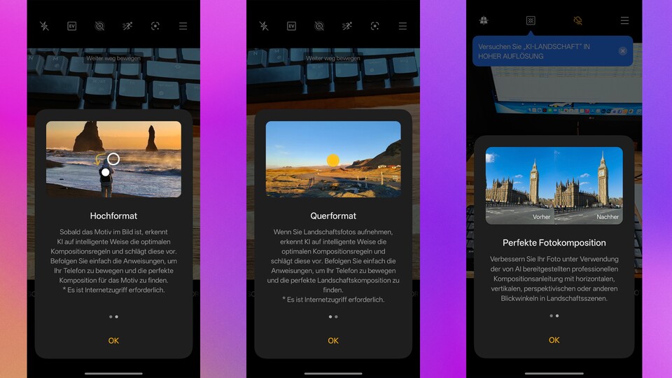 Die Kamera-App bietet einige Funktionen, mit denen euch bessere Fotos gelingen sollen. Sie werden beim ersten Start der Software genauer beschrieben. (Bildquelle: GameStar Tech)