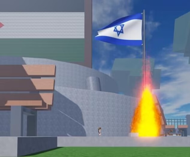 Ebenfalls auf Roblox: eine israelische Flagge wird verbrannt. (Quelle: https:www.dailymail.co.uknewsarticle-12693981Popular-childrens-game-Roblox-faces-backlash-antisemitic-material-concerned-parents-contained-burning-Israel-flags-avatar-named-Hatred-Jews.html)