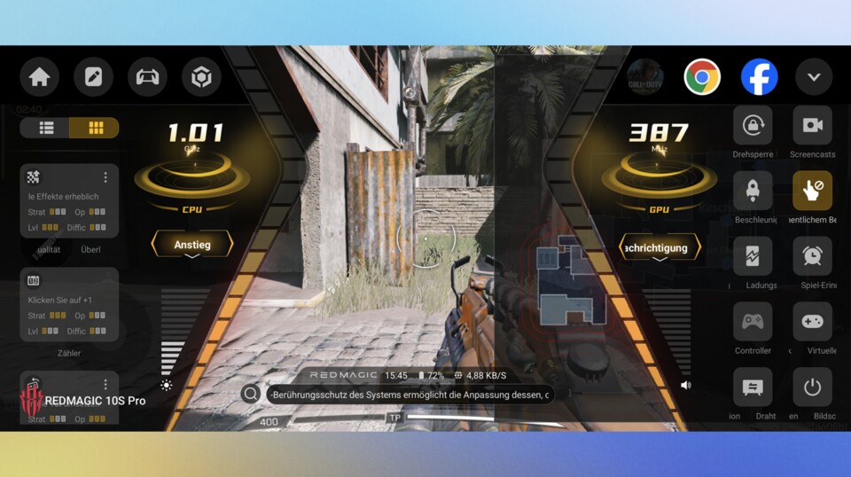 In Spielen lässt sich per Wischgeste ein Konfigurationsmenü einblenden, über das ihr diverse Einstellungen treffen könnt. Unter anderem lassen sich hier die Schultertasten mit entsprechenden Befehlen belegen. (Bildquelle: GameStar Tech)