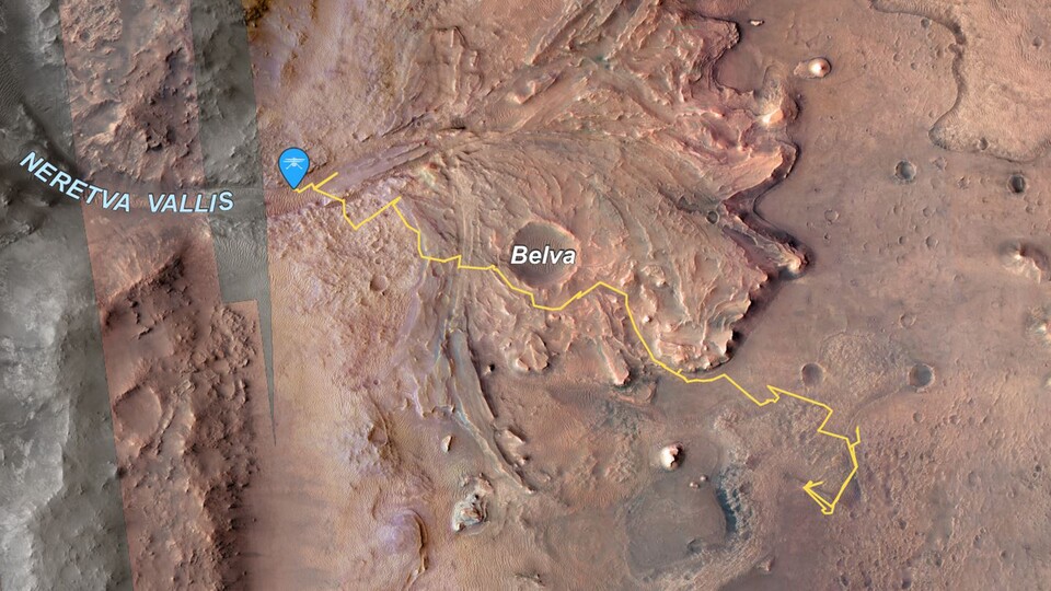 Google Earth? Falsch, eher NASA Mars: Hier seht ihr die Reiseroute der Ingenuity im Detail. (Quelle: NASAJPL-Caltech)