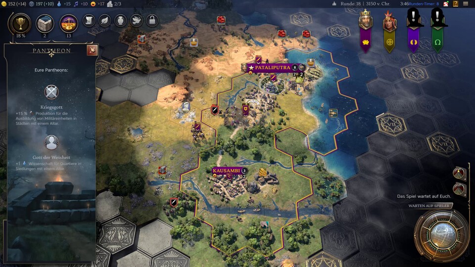 Durch eine Zivilisationseigenschaft der Maurya konnten wir gleich zwei Boni wählen, die sich sehr gut mit unserem Anführer Karl dem Großen ergänzen.