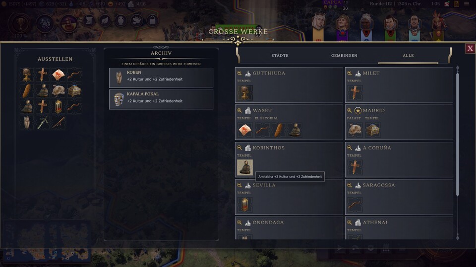 Gesammelte Reliquien stellt ihr in euren Tempeln aus. Achtet darauf, dass ihr genügend freien Platz habt, sonst werden sie nicht für den Vermächtnispfad gezählt.