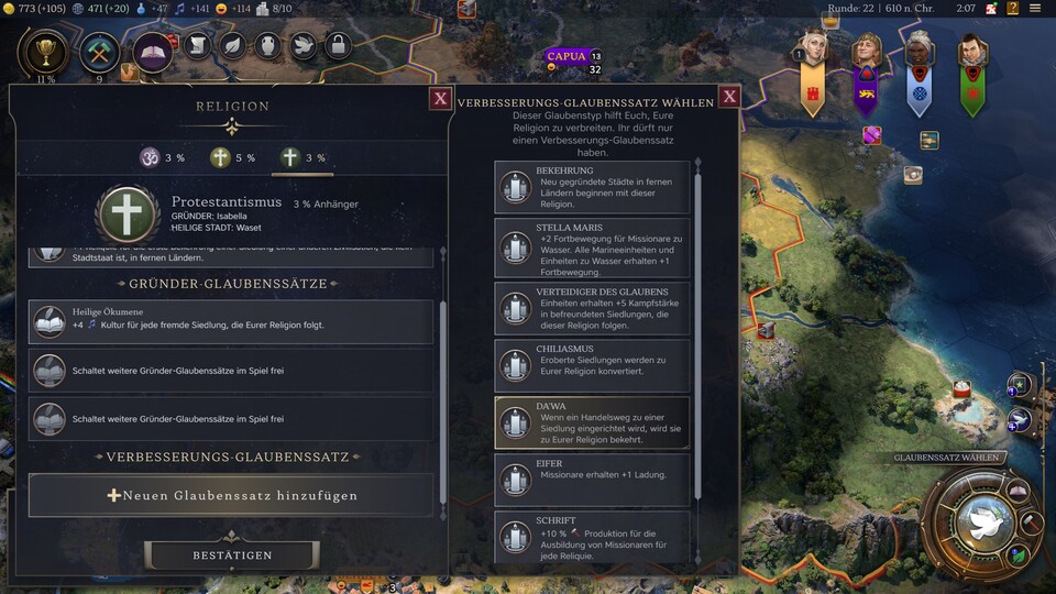 Mit der Ausrichtung Theologie wählt ihr den Verbesserungs-Glaubenssatz. Der hilft euch dabei, eure Religion in die Welt zu tragen.