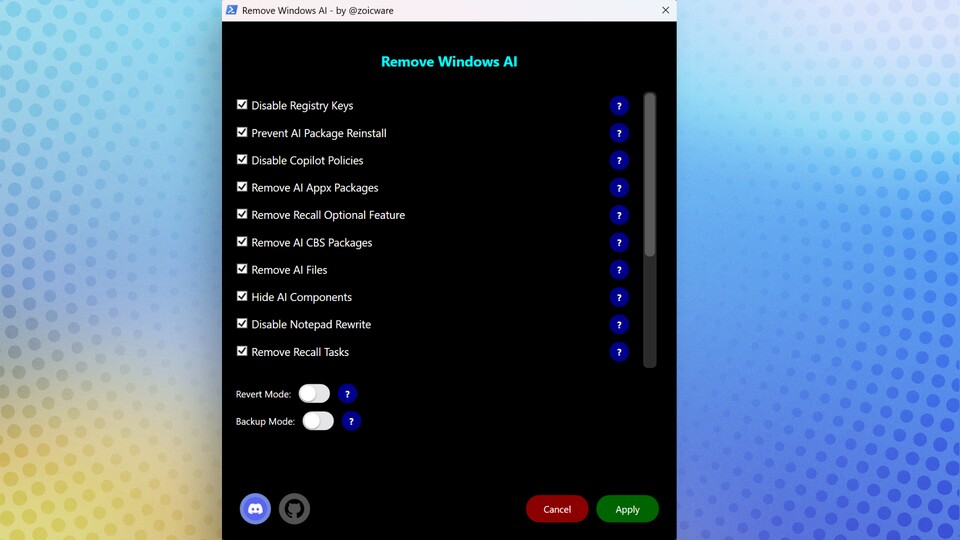 So sieht das RemoveWindowsAI-Fenster mit allen aktivierten Optionen zum Start aus.