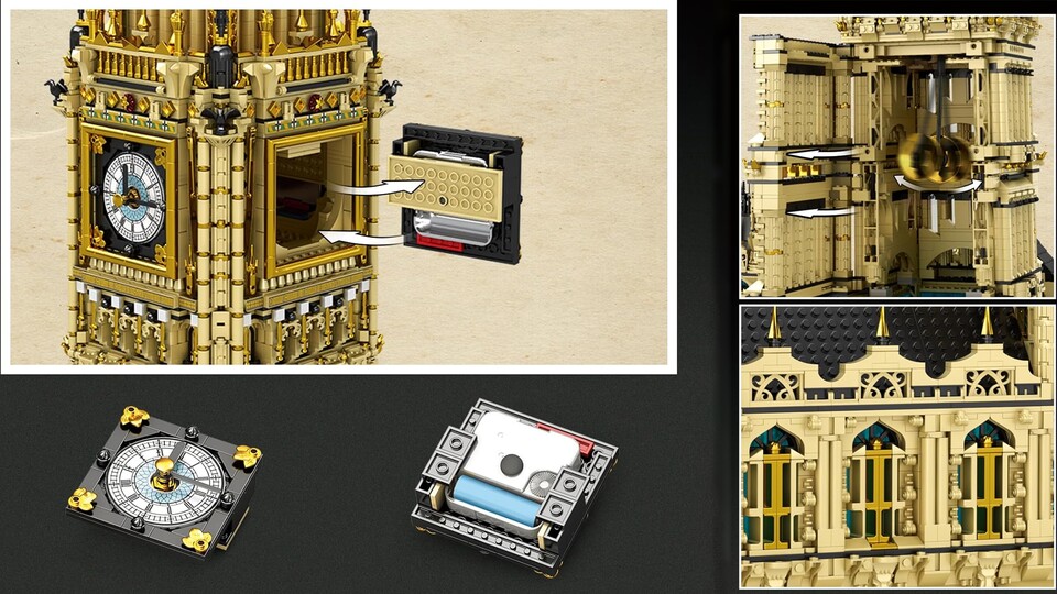 Die integrierte elektrische Uhr gibt dem ganzen Set einen Nutzen im Alltag. Außerdem könnt ihr sogar das Pendel schwingen und die hochdetaillierte Fassade bestaunen!