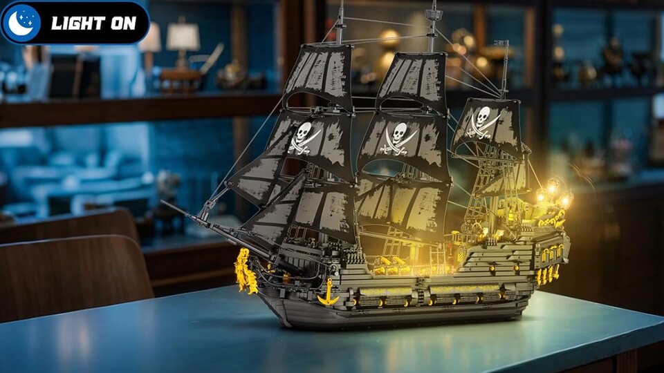 Die Black Pearl von Reobrix hat neben bedruckten Segeln auch noch leuchtende Laternen – für mich das coolere der beiden Modelle.