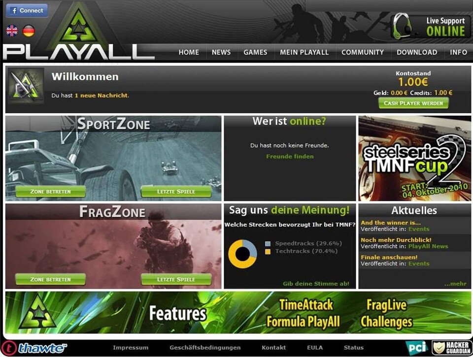 Beim deutschen Anbieter Playall.com kann man unter anderem Call of Duty 4, Counterstrike und Trackmania um Geld spielen.