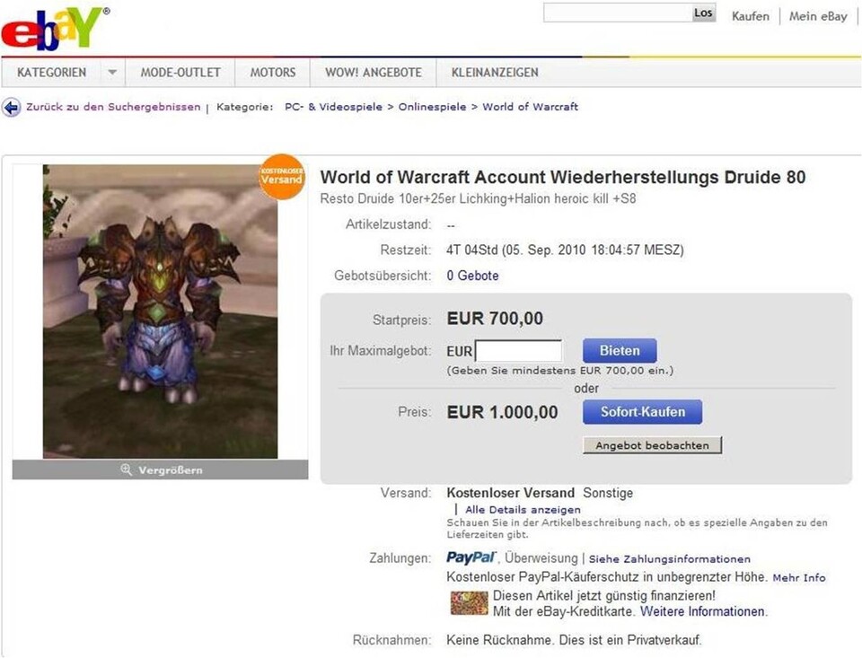 Immer wieder machen World-of- Warcraft-Spieler ihre Helden bei Online-Versteigerungen zu Geld. Dieser Druide soll mindestens 700 Euro bringen.