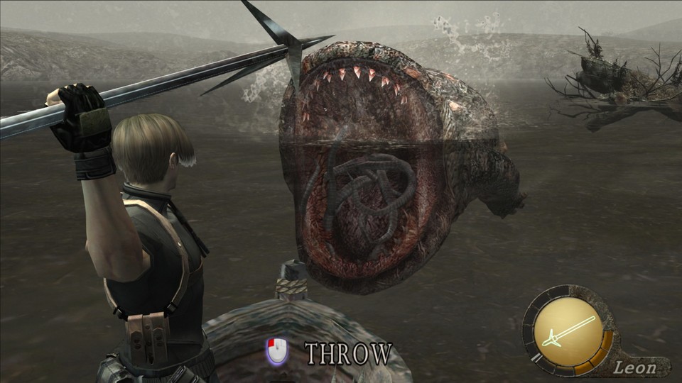 Die Steuerung von Resident Evil 4 ist nicht gut gealtert. Per Maus und Tastatur wird der Kampf gegen den Monsterfisch zur absoluten Tortur.