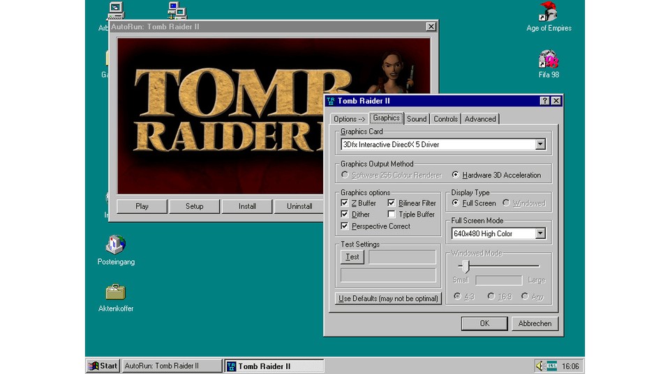 Tomb Raider 2 bietet ein detailliertes Optionsmenü an, um etwa die zu verwendende Grafikkarte auszuwählen. Hier kann unsere 3Dfx-Karte in 640 x 480 Pixel samt Z-Buffer richtig aufdrehen.