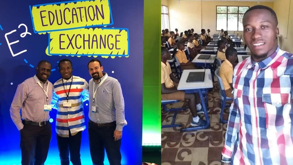 Links seht ihr Richard Appiah-Akoto beim Microsoft Education Exchange, eine jährliche Bildungskonferenz. Rechts präsentiert er stolz ein mit Laptops gefülltes Klassenzimmer in seiner Schule. (Bildquelle: Microsoft, Richard Appiah-Akoto)