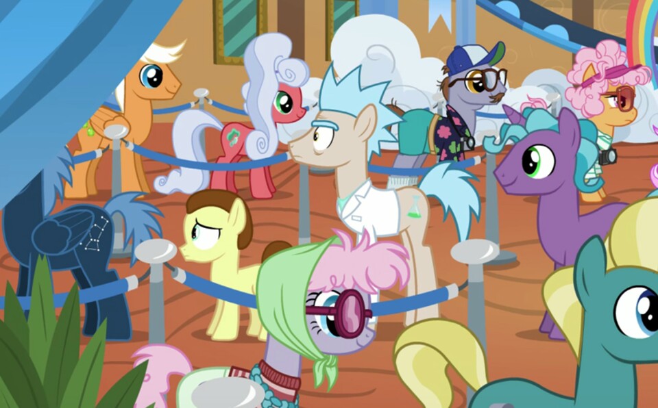 Ein Screenshot aus der Folge My Little Pony mit Rick und Morty. Wer entdeckt die beiden?