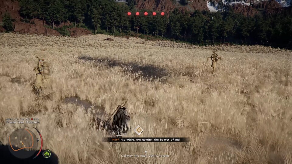 Die roten Punkte oben zeigen an, wie viele der fünf Totems noch zerstört werden müssen.