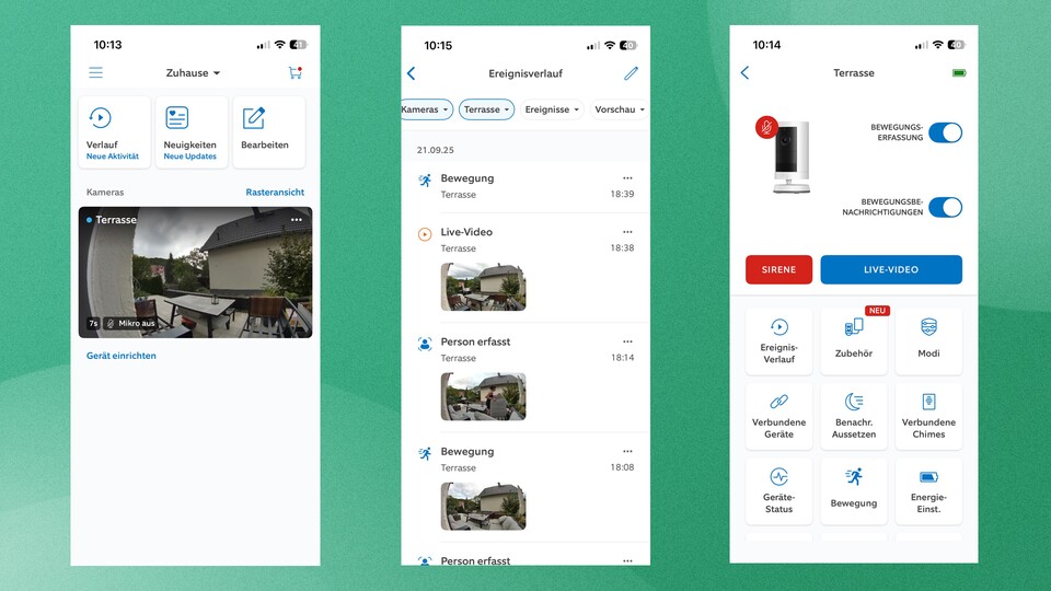 Die App im Überblick von links nach rechts: Dashboard mit Live-View, Ereignisverlauf und Kamera-Einstellungen. (Bildquelle: Mirco KämpferGameStar Tech)