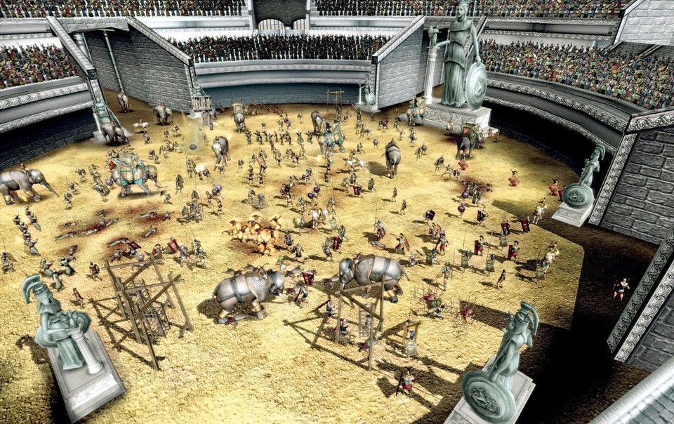 In der römischen Arena kämpfen Elefanten gegen schwer bewaffnete Infanteristen.