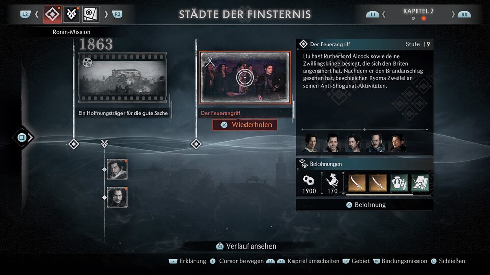 Per Zeitstrahl könnt ihr bereits getroffene Entscheidungen oder gespielte Missionen noch einmal erleben und auf Wunsch abändern.