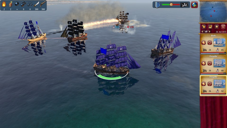 Dank dem (teuren) brennenden Öl lassen sich in den Seeschlachten nun auch Schiffe bekämpfen, die außerhalb der Kanonenreichweite fahren.