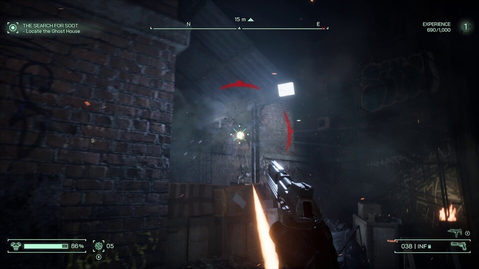 Die Gegnervielfalt ist in den ersten Stunden noch überschaubar, der Anspruch im normalen Schwierigkeitsgrad auch. Hier ärgert mich ein MG-Schütze von einer erhöhten Position aus.