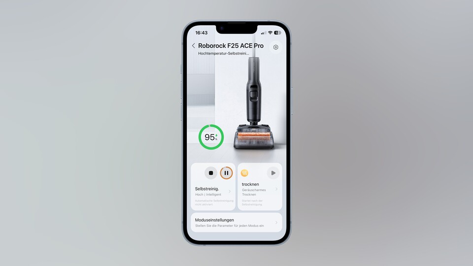 Der Hauptbildschirm der Roborock-App, wenn der F25 Ace Pro ausgewählt wurde.
